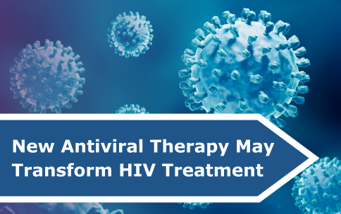 Blue virus particles against a blue and purple background. A blue arrow with a white outline in the bottom left has white text that reads "New Antiviral Therapy May Transform HIV Treatment"